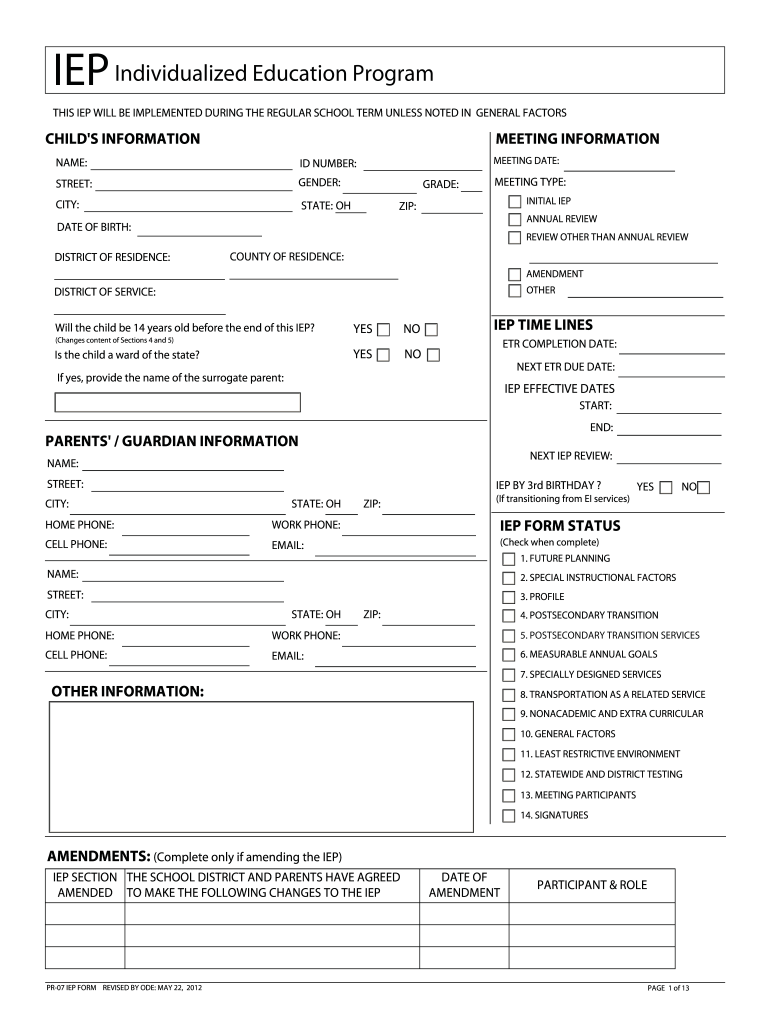 10-10 Form OH PR-10 IEP Fill Online, Printable, Fillable  Within Blank Iep Template