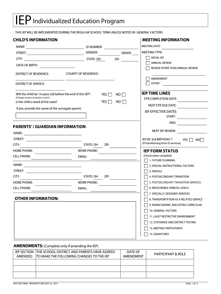 10 10 Form OH PR 10 IEP Fill Online, Printable, Fillable  Within Blank Iep Template