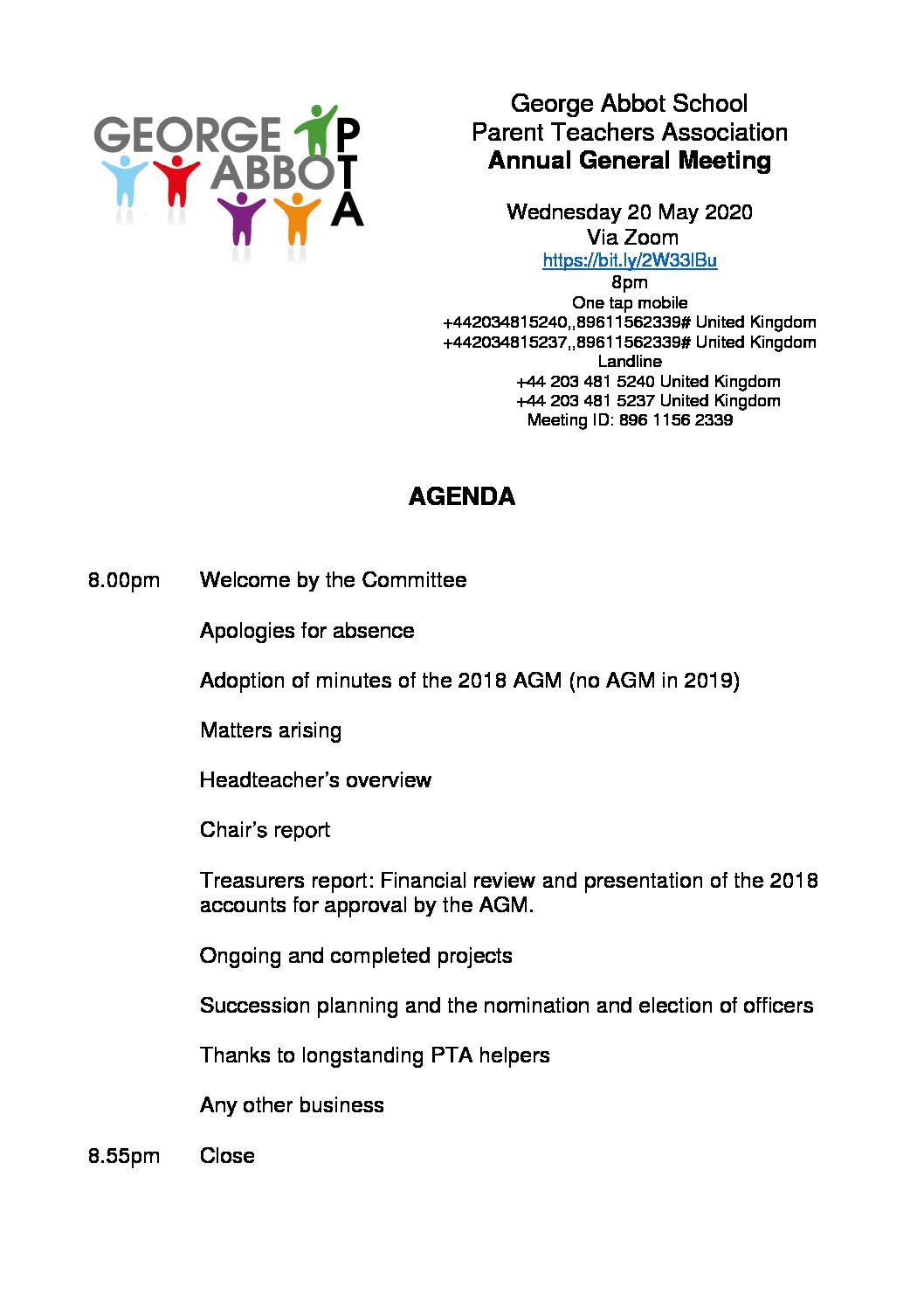 10 10 PTA AGM agenda  George Abbot School Intended For Treasurer