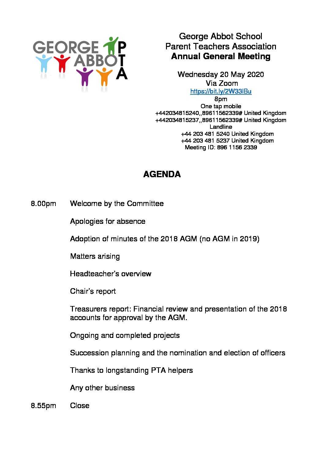 10 10 PTA AGM Agenda  George Abbot School Intended For Treasurer’s Report Agm Template