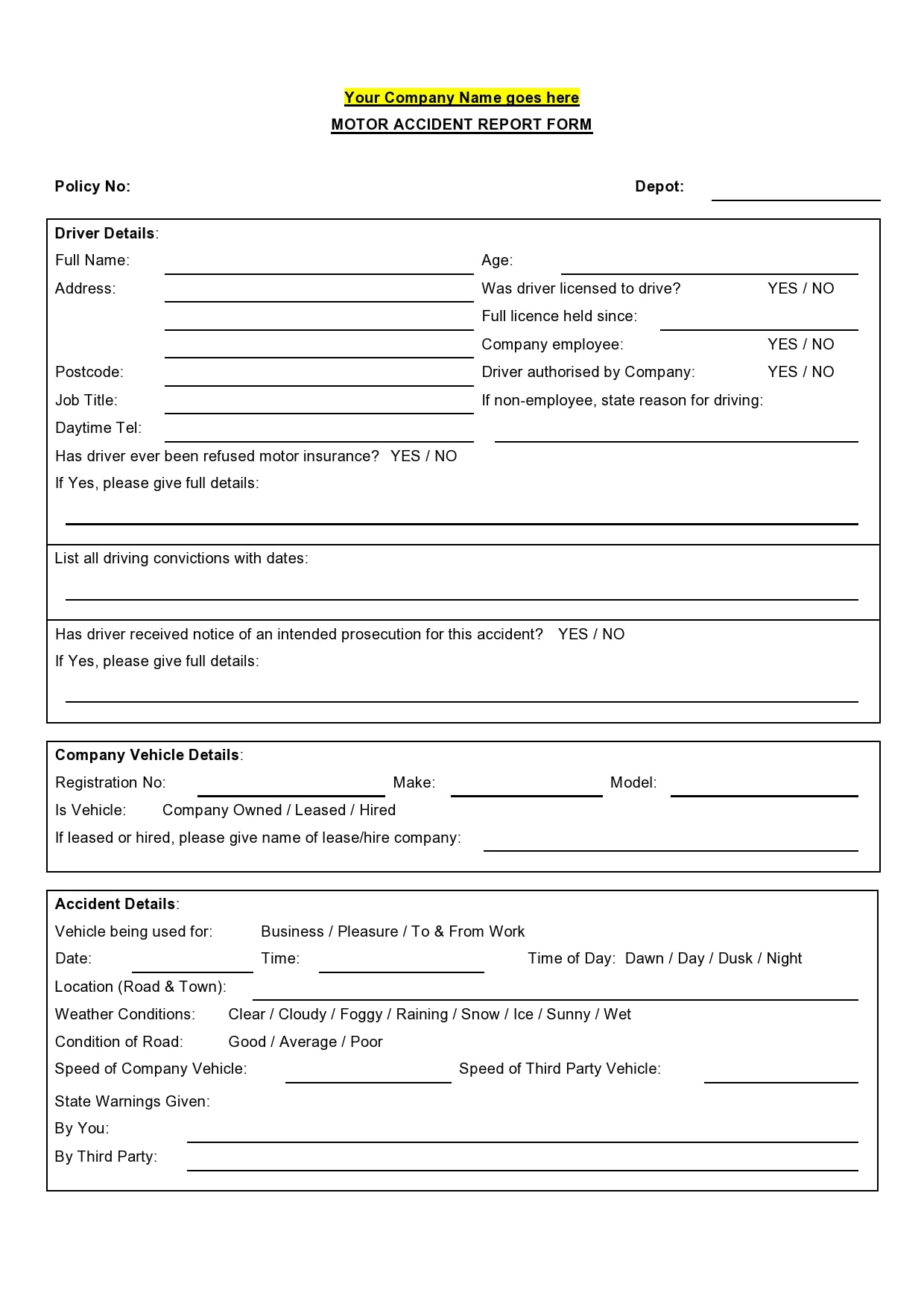 10 Accident Report Forms (Car, Work Injury, more) - TemplateArchive Pertaining To Motor Vehicle Accident Report Form Template