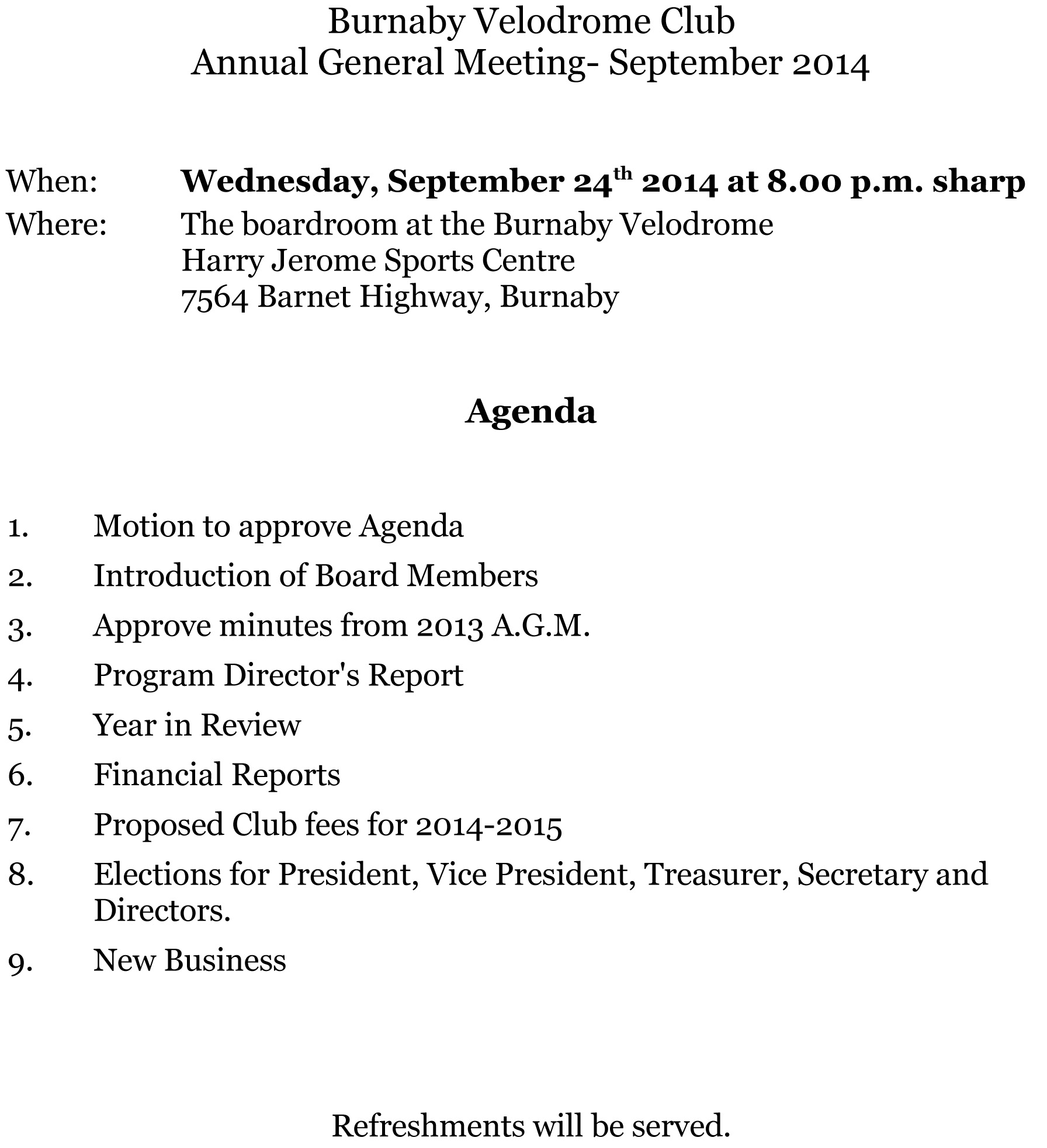 10 Annual General Meeting - Burnaby Velodrome Club For Treasurer