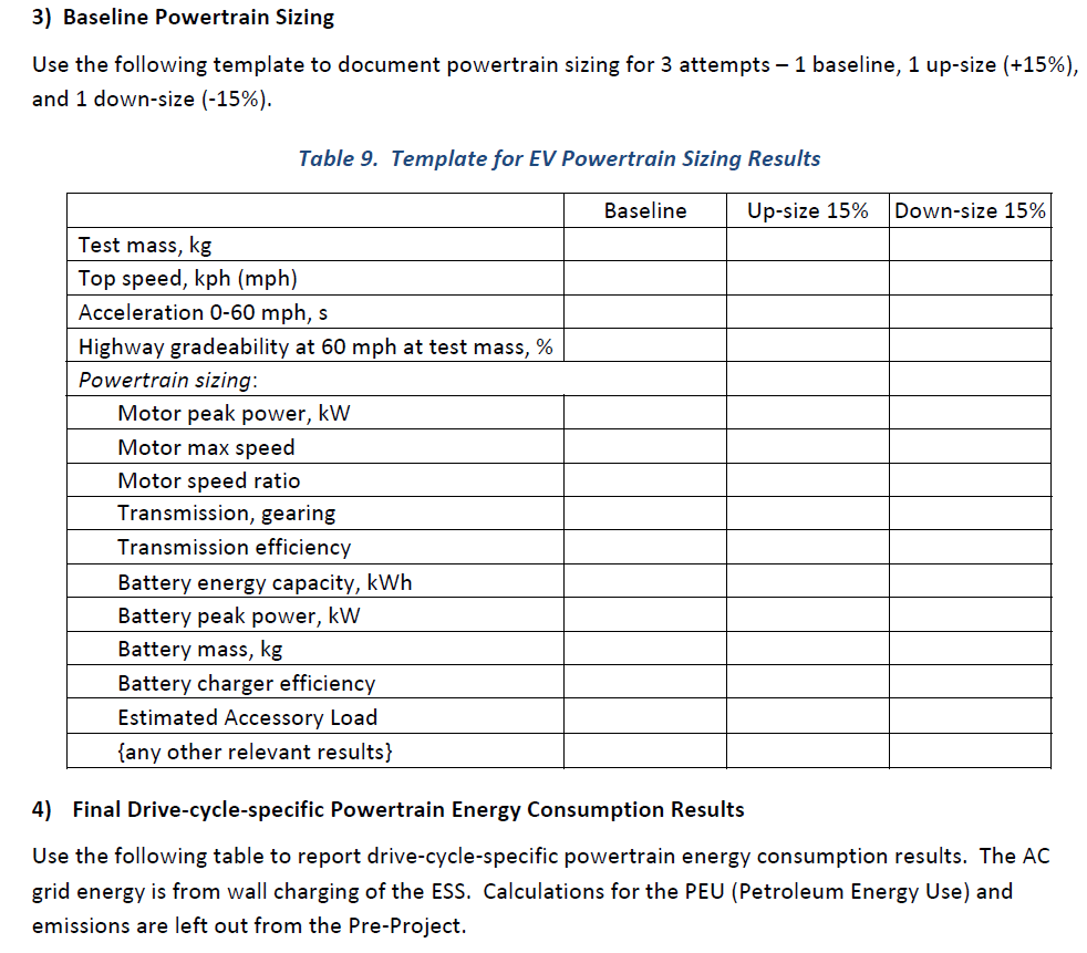 10) Baseline Powertrain Sizing Use the following  Chegg