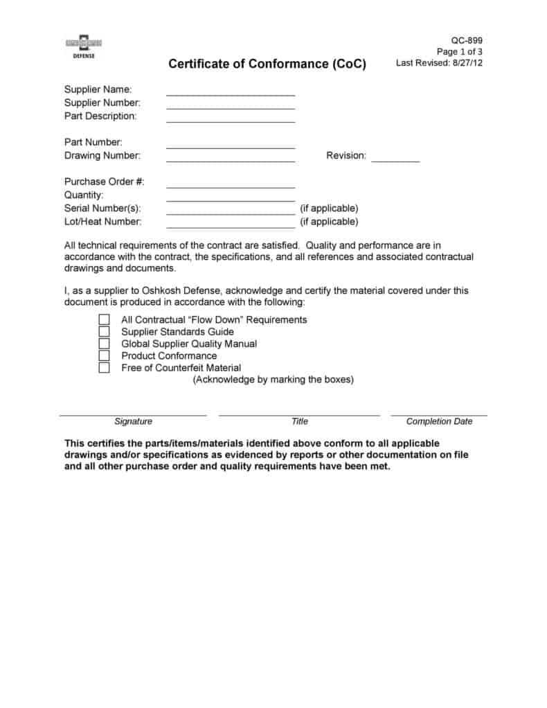 10+ Free Certificate Of Compliance Templates – Word Excel Formats With Certificate Of Conformance Template Free