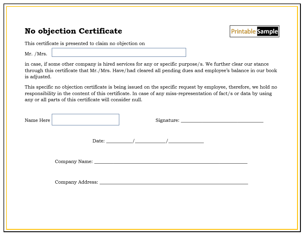 10 Free Sample No Objection Certificate Templates - Printable Samples For Noc Report Template