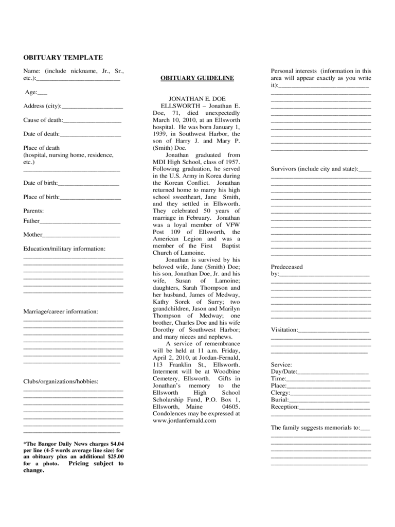 10 Funeral Obituary Template - Fillable, Printable PDF & Forms  For Fill In The Blank Obituary Template