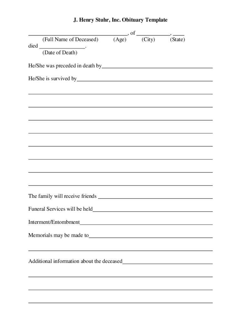 10 Funeral Obituary Template - Fillable, Printable PDF & Forms  With Fill In The Blank Obituary Template
