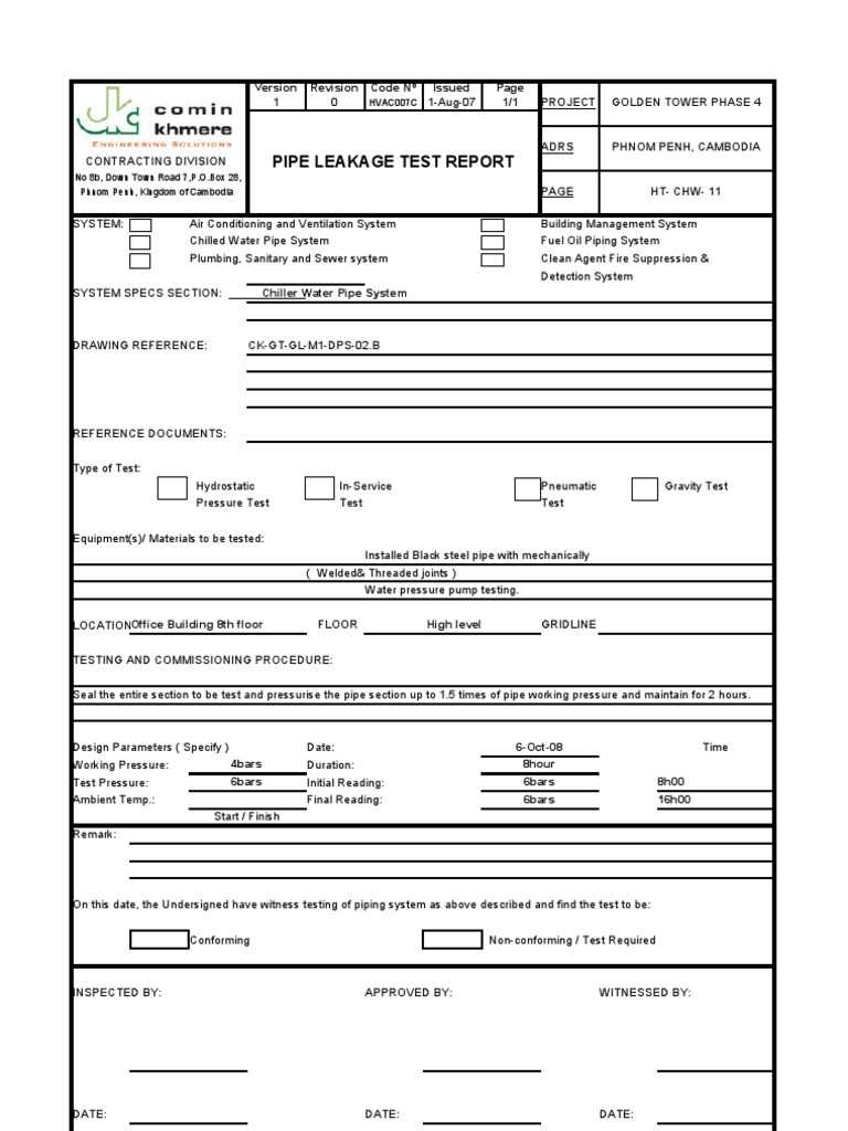 10-Hydrostatic Test Leakage Main Chilled Water Pipe Report  PDF  Intended For Hydrostatic Pressure Test Report Template