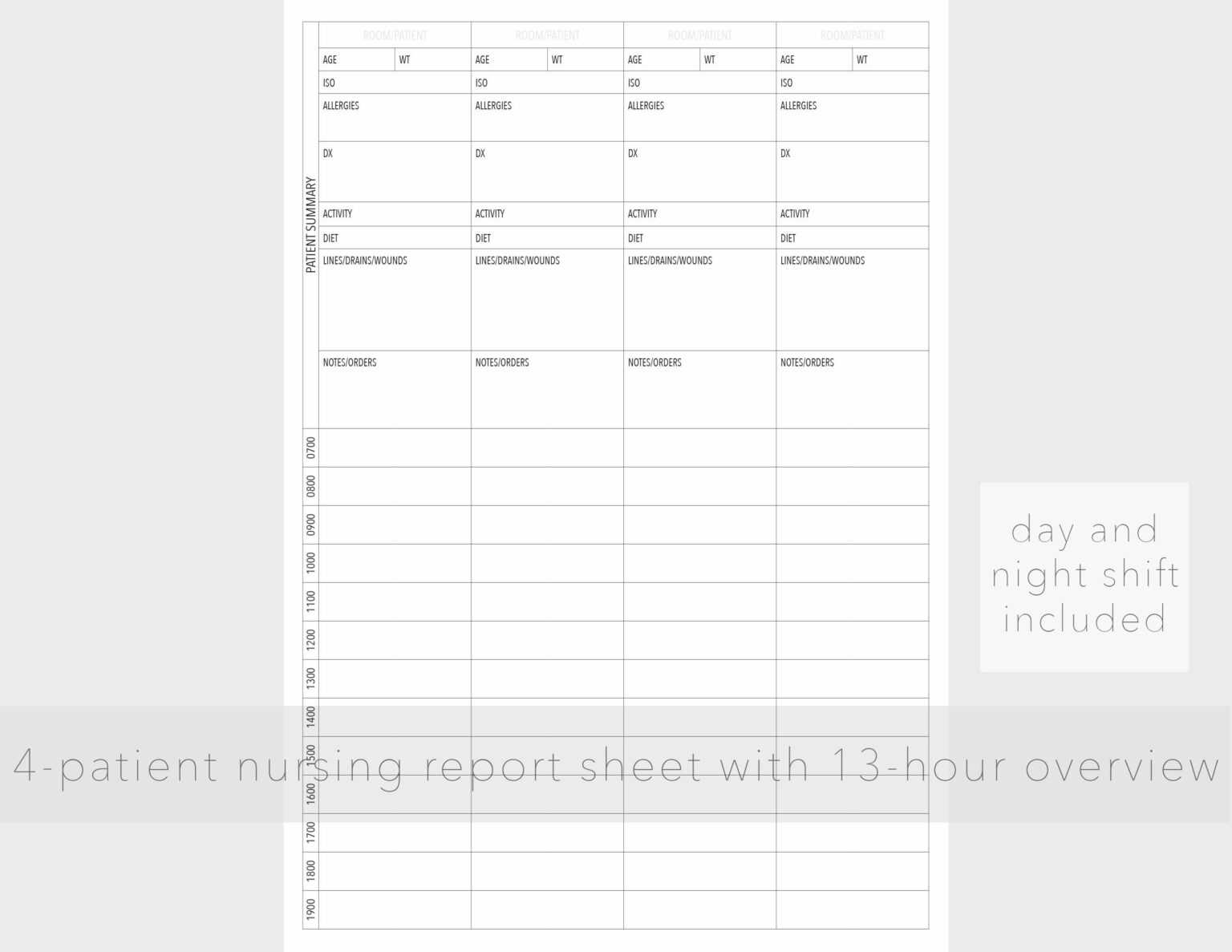 10 Patient Nursing Report Sheet with 10-hour overview For Nurse Shift ...