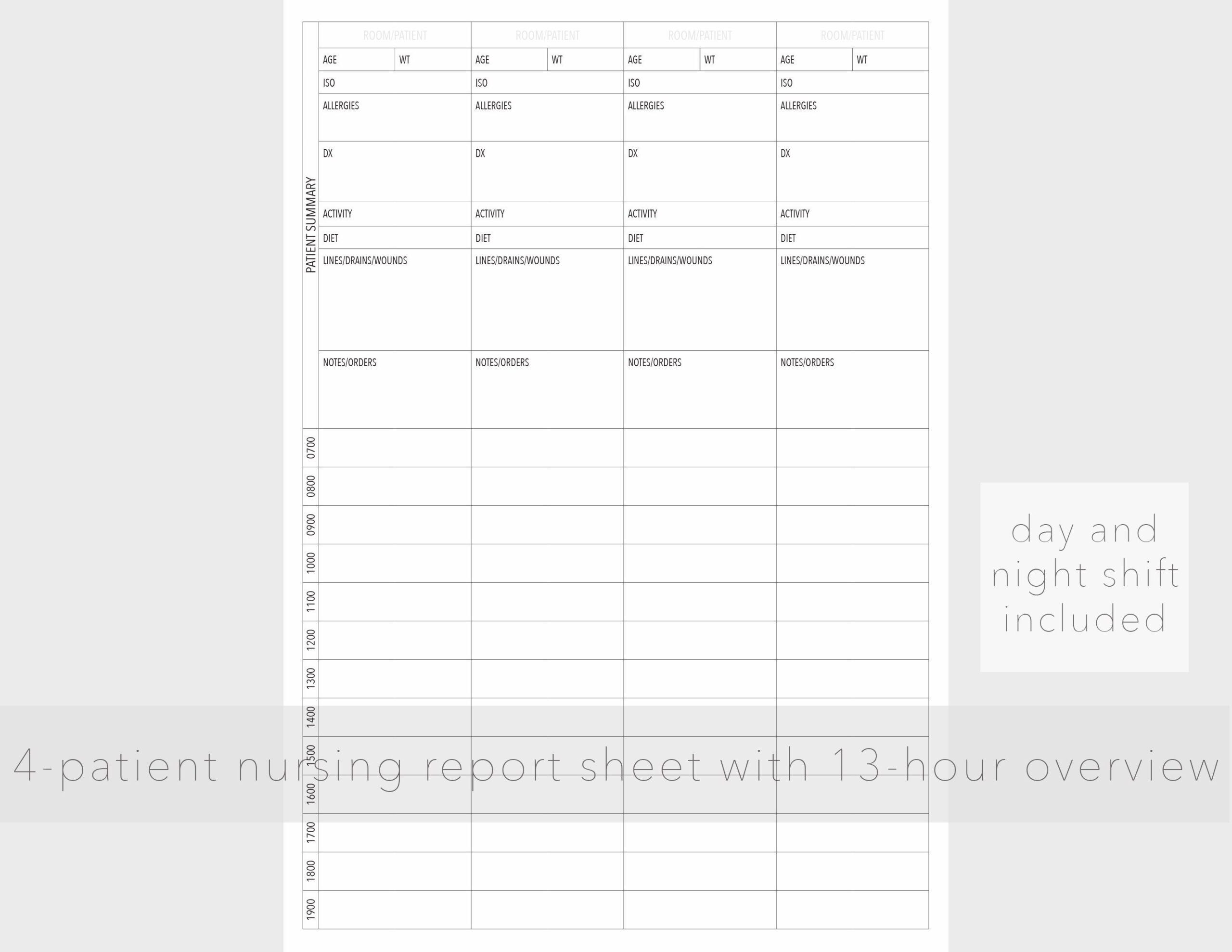 10 Patient Nursing Report Sheet with 10-hour overview For Nurse Shift Report Sheet Template