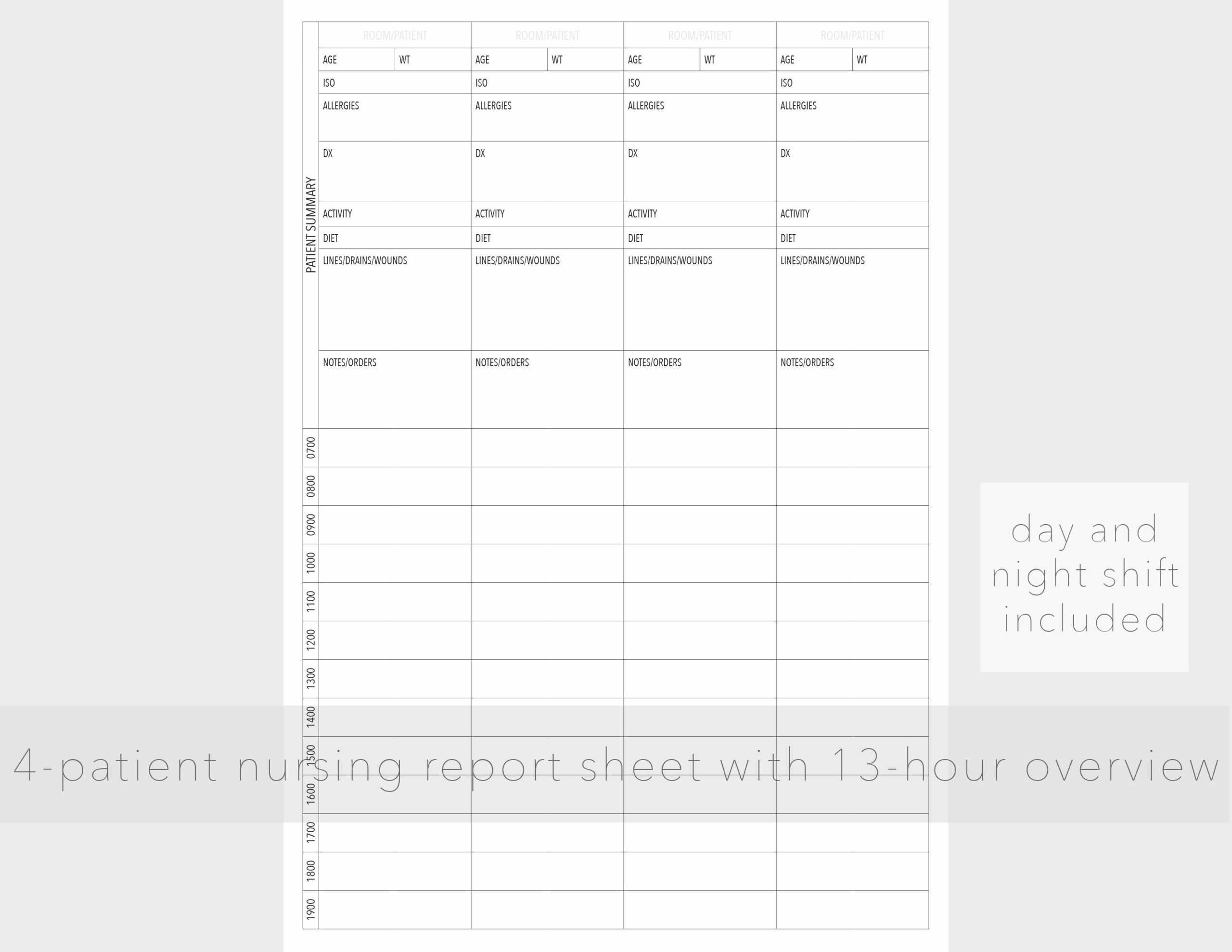 10 Patient Nursing Report Sheet With 10 Hour Overview For Nurse Shift Report Sheet Template