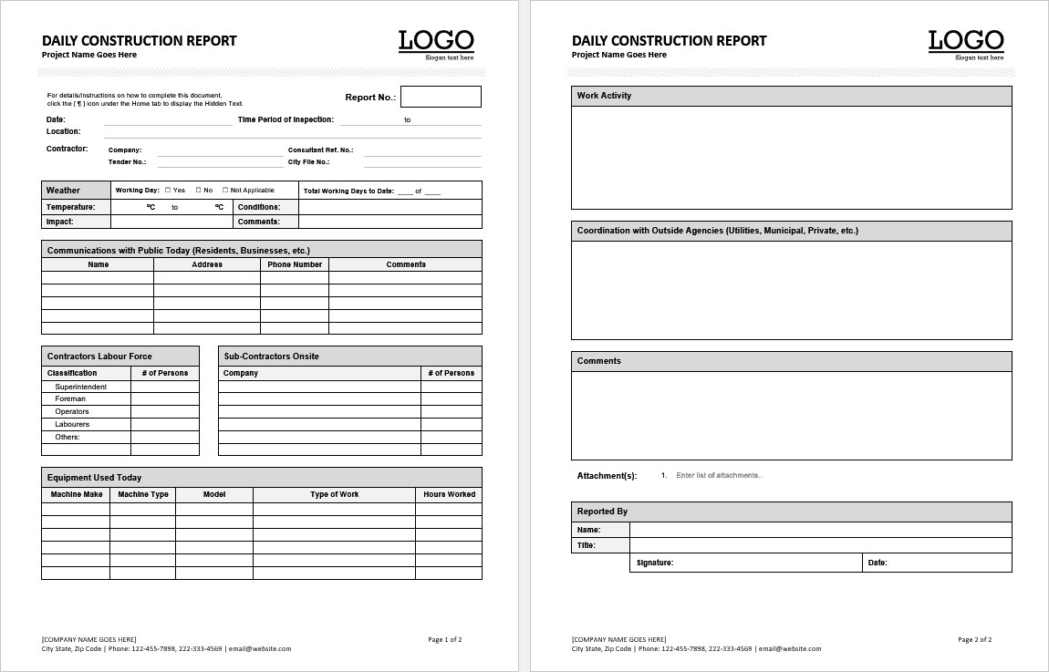10+ Printable Construction Report Formats In MS Word With Construction Daily Progress Report Template