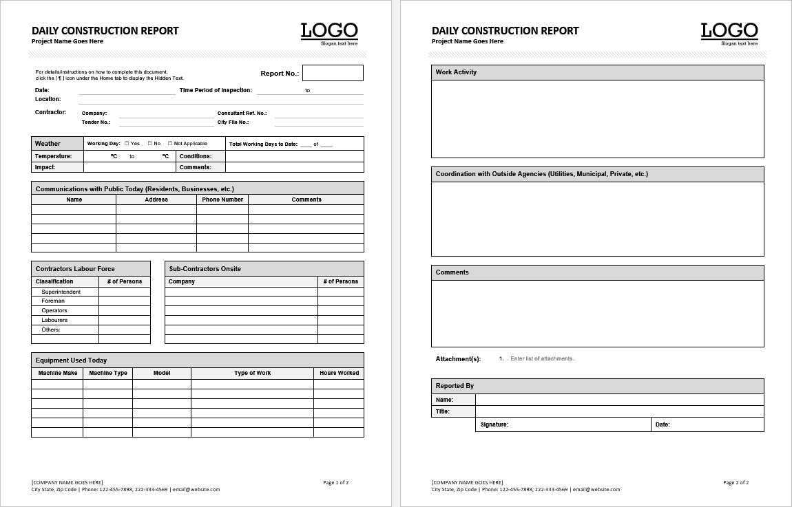 10+ Printable Construction Report Formats in MS Word With Construction Daily Progress Report Template