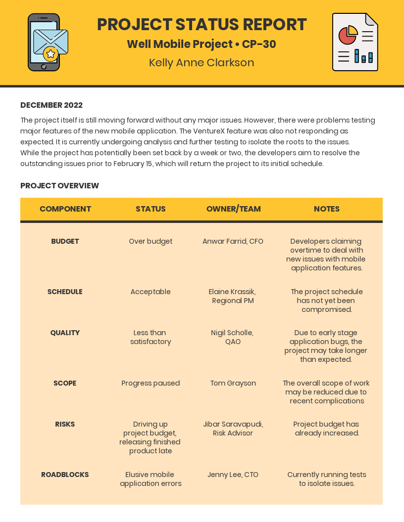 10+ Project Status Report Templates for Businesses - Venngage Regarding Project Implementation Report Template