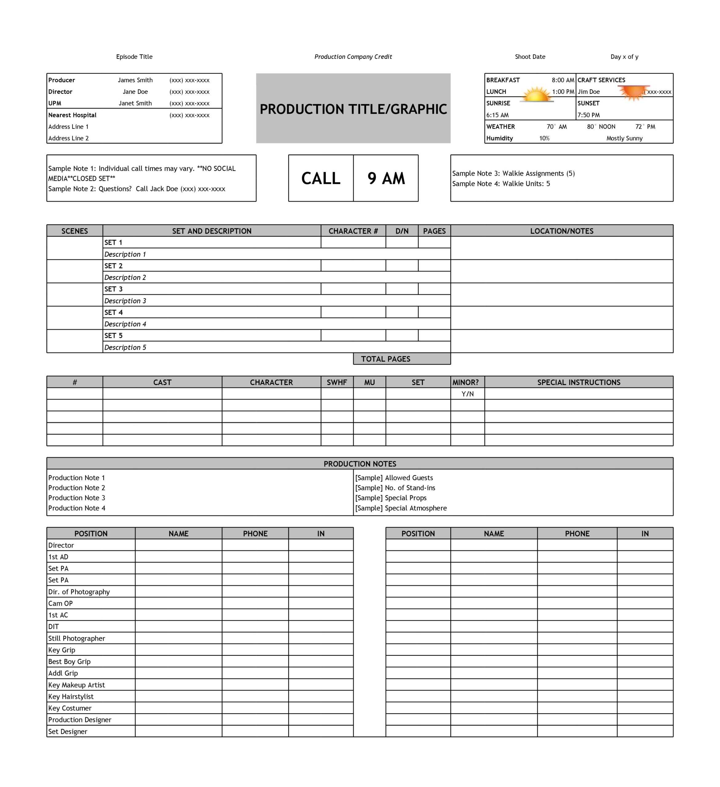 10 Simple Call Sheet Templates (FREE) – TemplateArchive For Blank Call Sheet Template