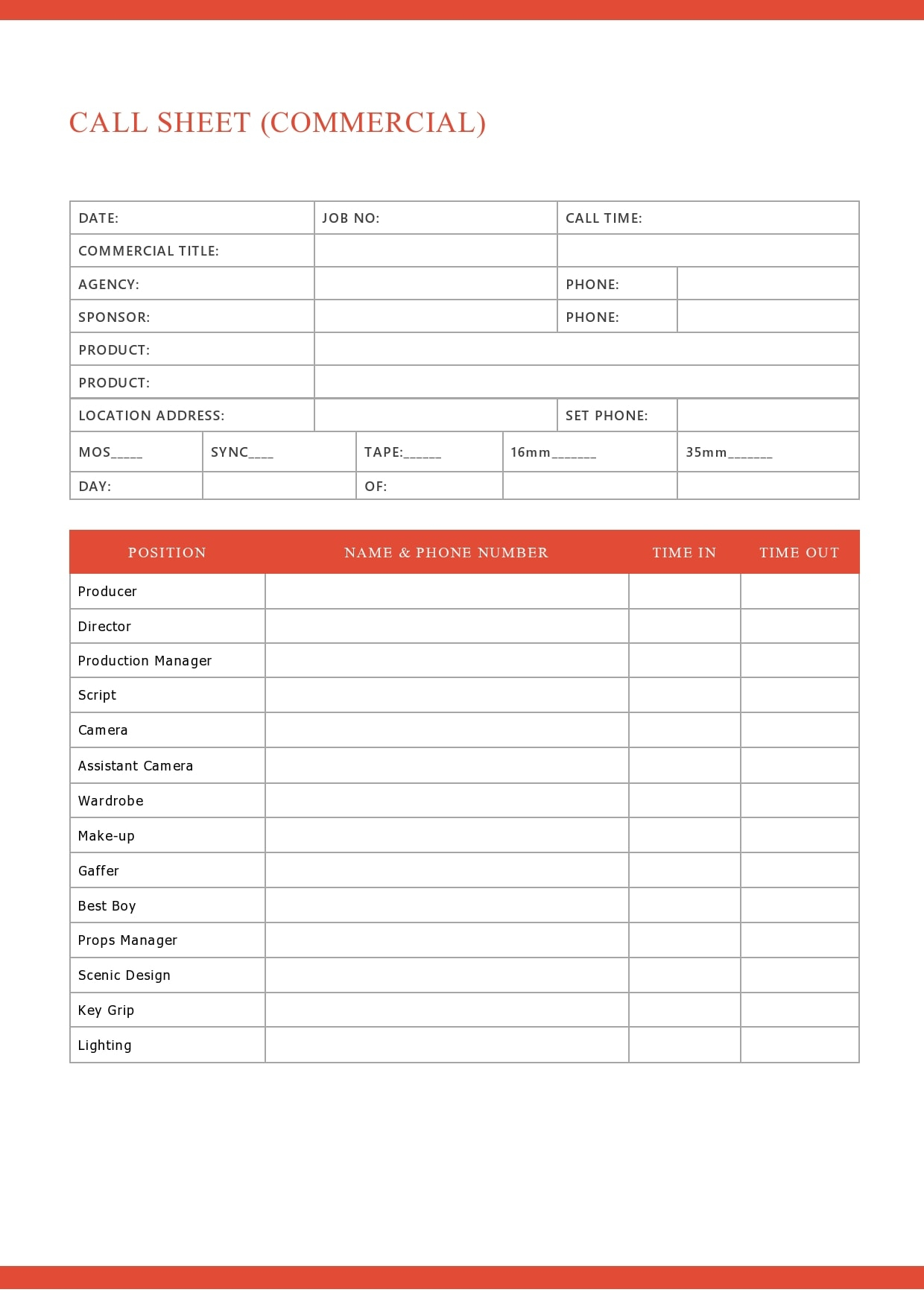 10 Simple Call Sheet Templates (FREE) - TemplateArchive With Regard To Blank Call Sheet Template