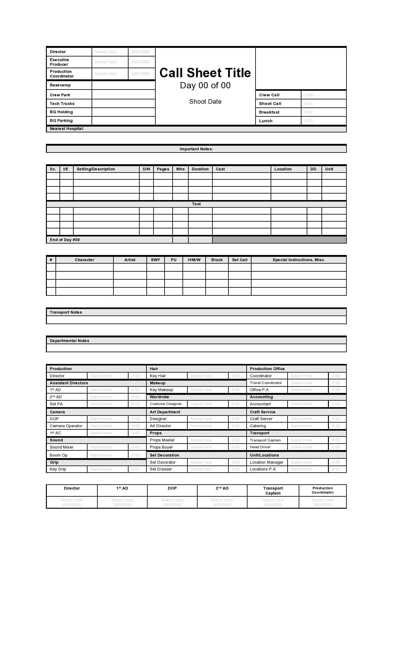 10 Simple Call Sheet Templates (FREE) - TemplateArchive Within Blank Call Sheet Template