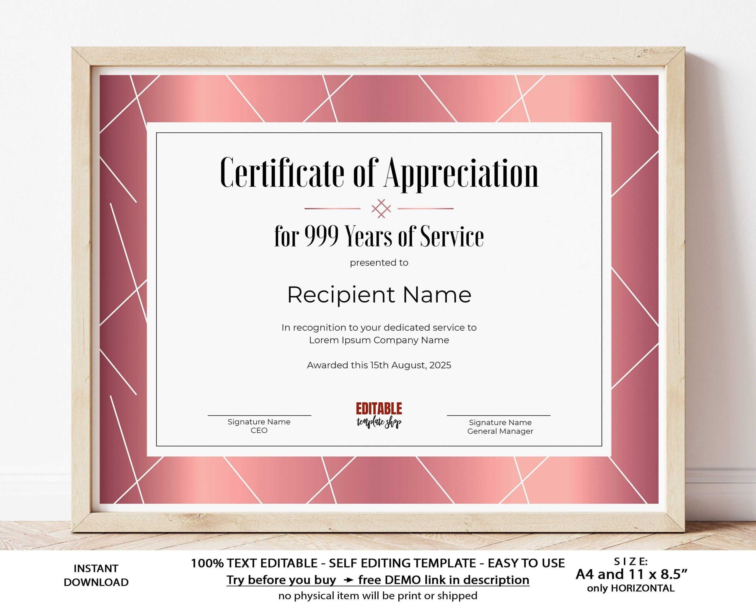 10 Years of Service EDITABLE Certificate of Appreciation - Etsy.de