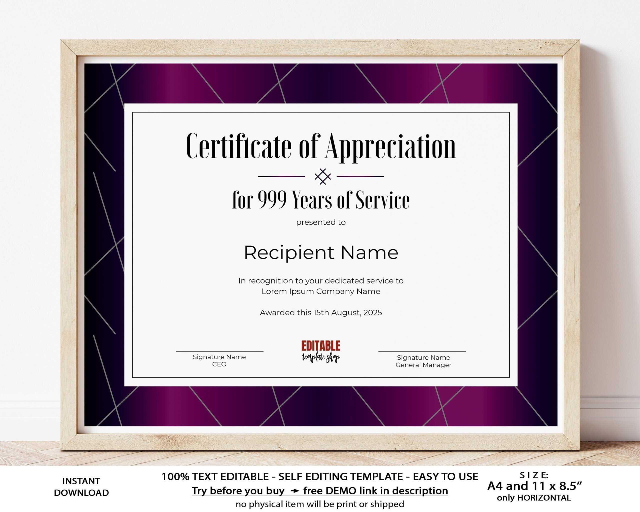 10 Years of Service EDITABLE Certificate of Appreciation - Etsy