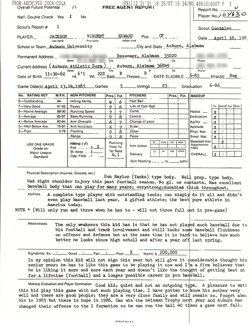 A 10 baseball scouting report on Bo Jackson, 