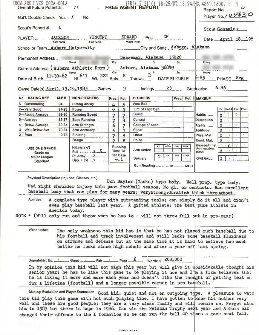 A 10 Baseball Scouting Report On Bo Jackson, ‘the Best Pure  Within Baseball Scouting Report Template