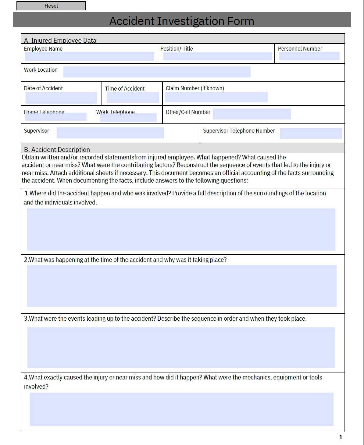 Accident Investigation Form Report Of Injury Or Near Miss – Etsy UK Inside Incident Report Template Uk