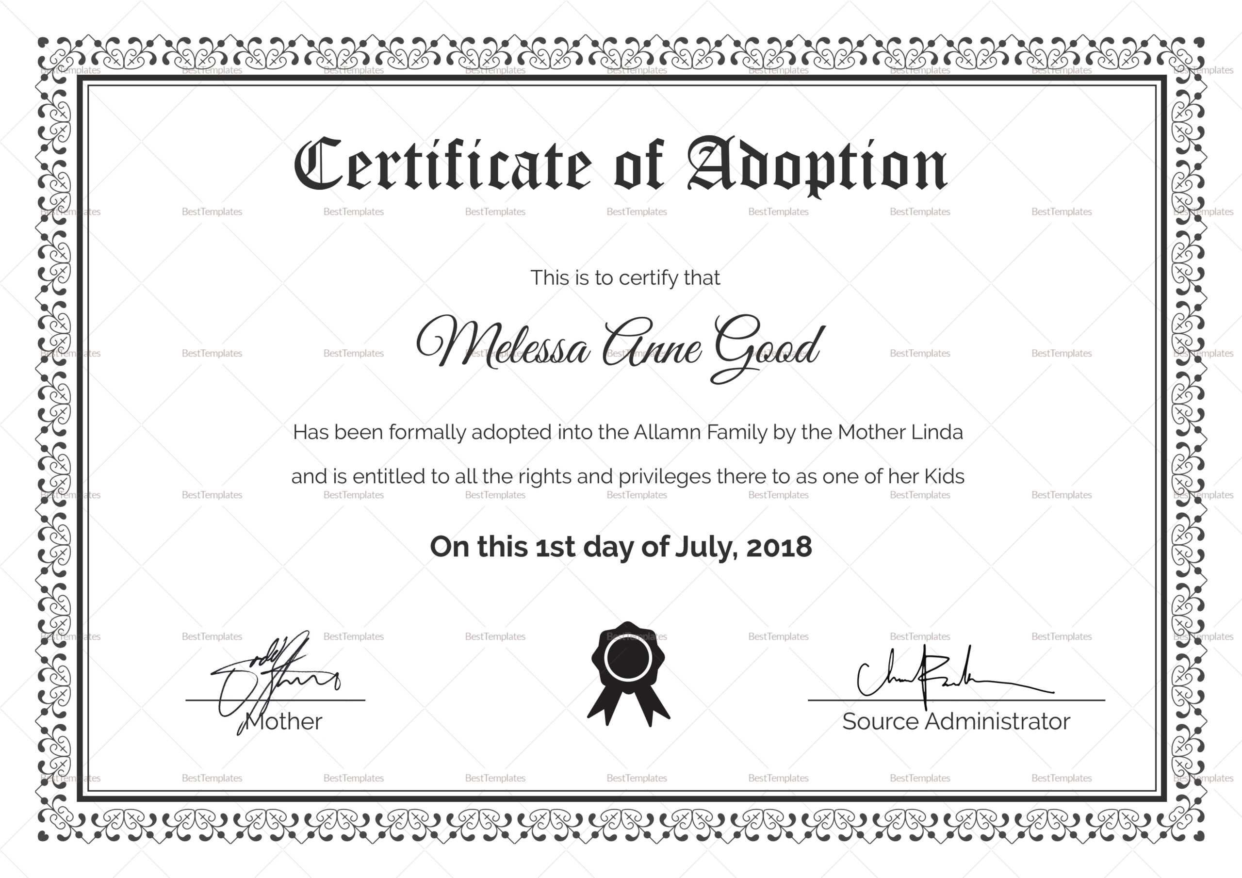 Adoption Certificate Design Template in PSD, Word With Adoption Certificate Template