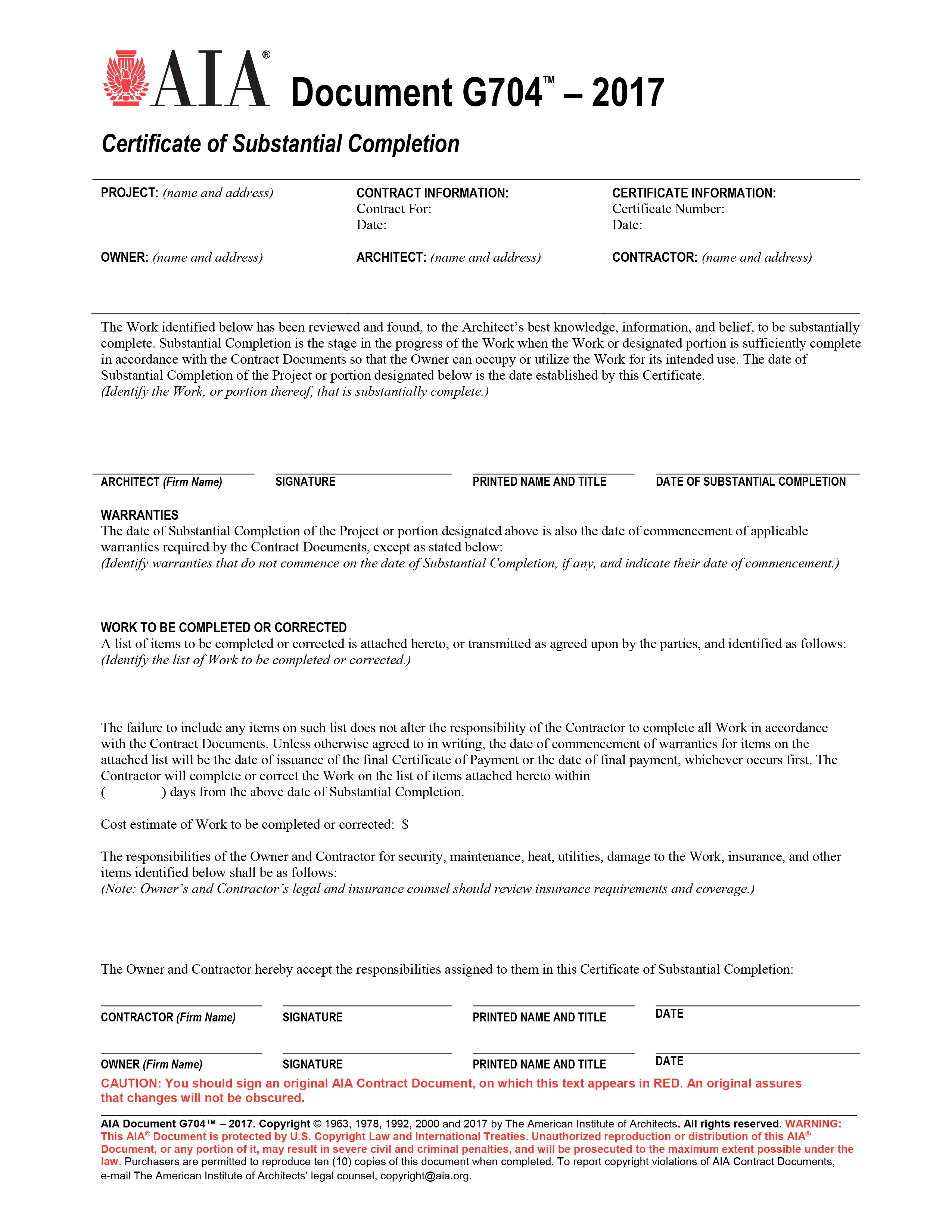 AIA G10 Certificate Of Substantial Completion (10 Pack) With Certificate Of Substantial Completion Template