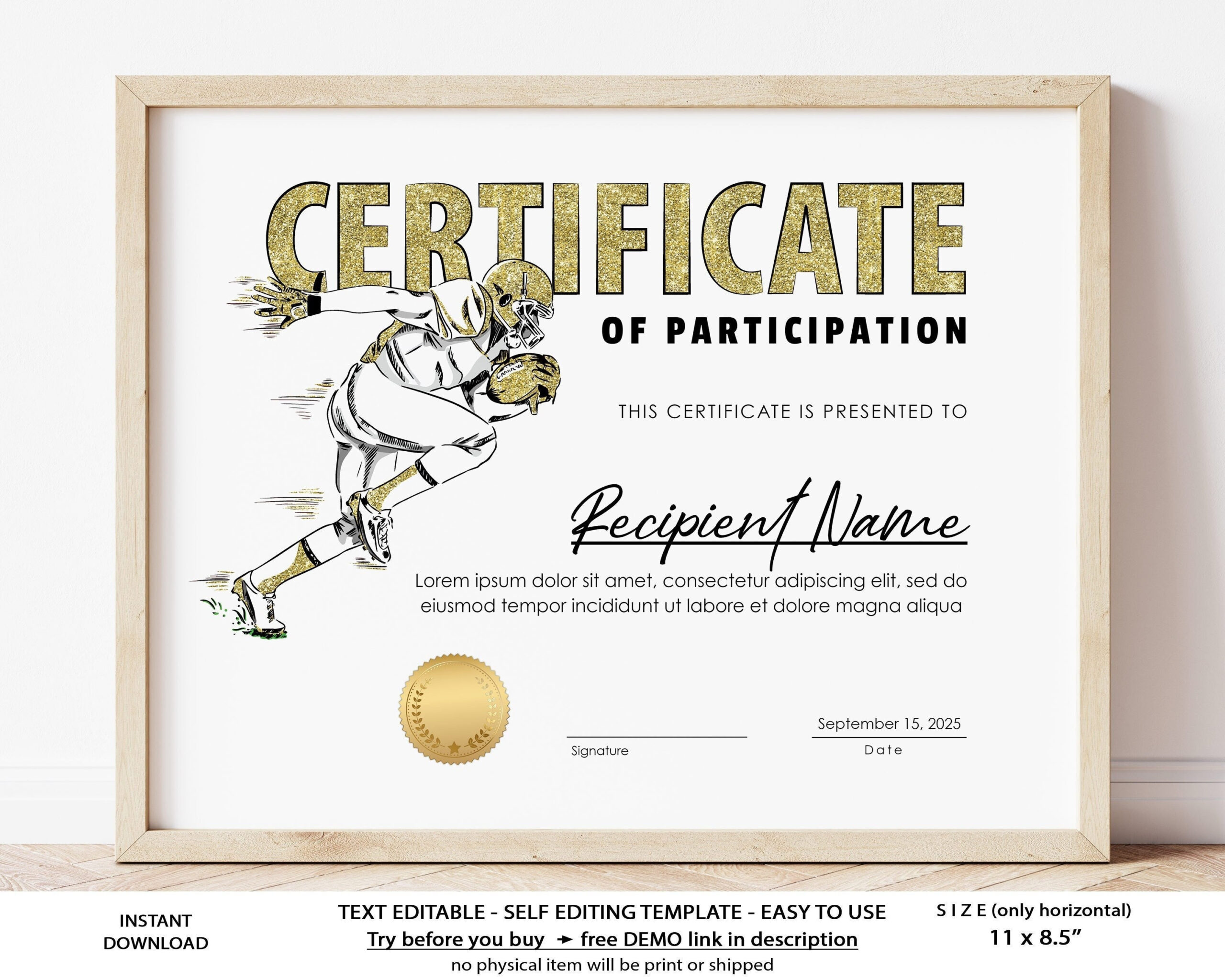 American Football Certificate Template Sports Certificate - Etsy