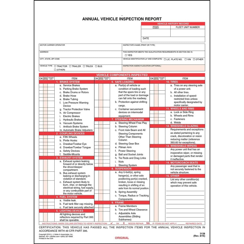 Annual Vehicle Inspection Report Form 10-pk. - Snap-Out Format, 10-Ply,  Carbonless, 10.10" x 10.710" - Meet DOT AVIR Requirements Under 10 CFR 1096
