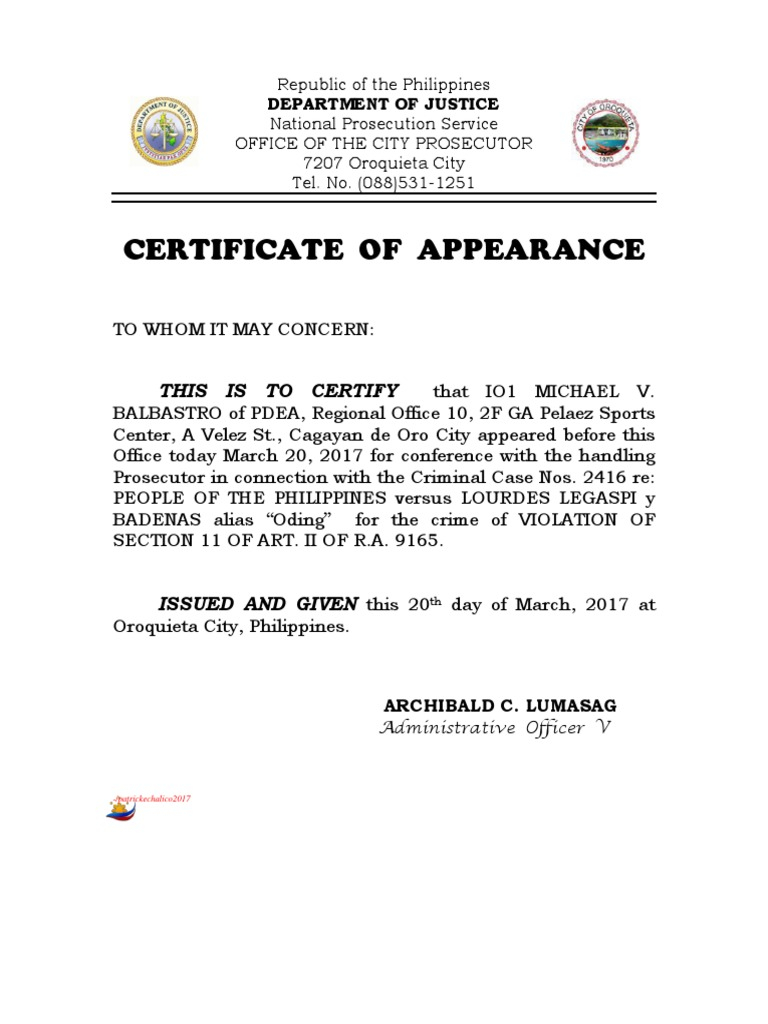 Appearance Certificate  PDF  Prosecutor  United States  For Certificate Of Appearance Template