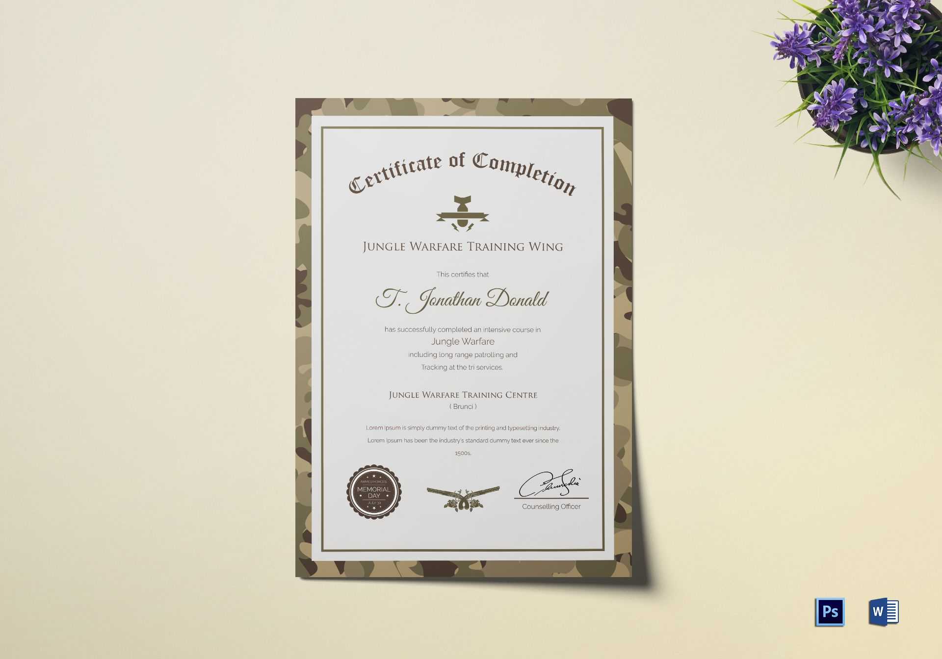 Army Camo Training Completion Certificate Design Template in PSD, Word Pertaining To Army Certificate Of Completion Template Army Camo Training Completion Certificate Design Template in PSD, Word Pertaining To Army Certificate Of Completion Template