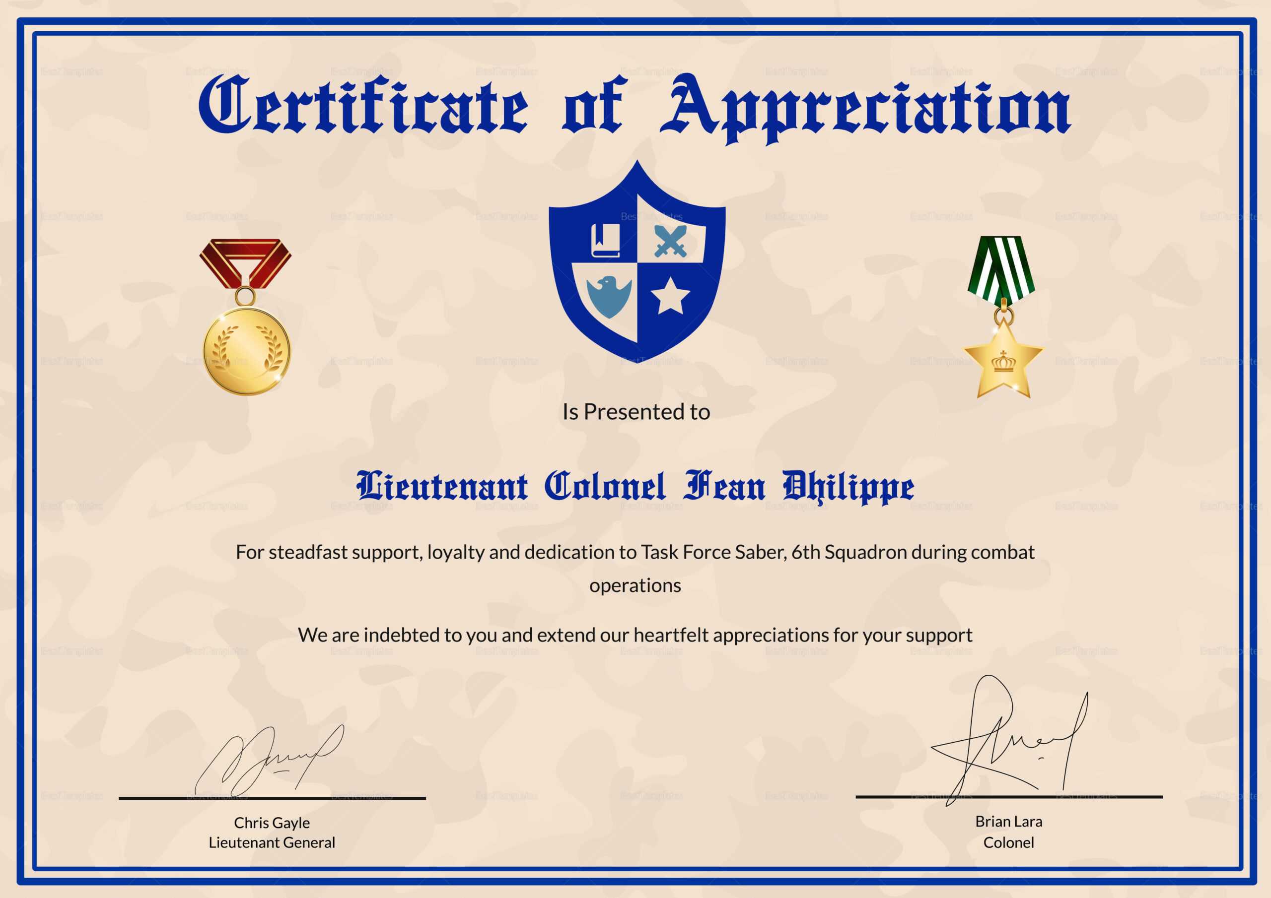 Army Certificate Of Appreciation Design Template In PSD, Word Pertaining To Army Certificate Of Achievement Template