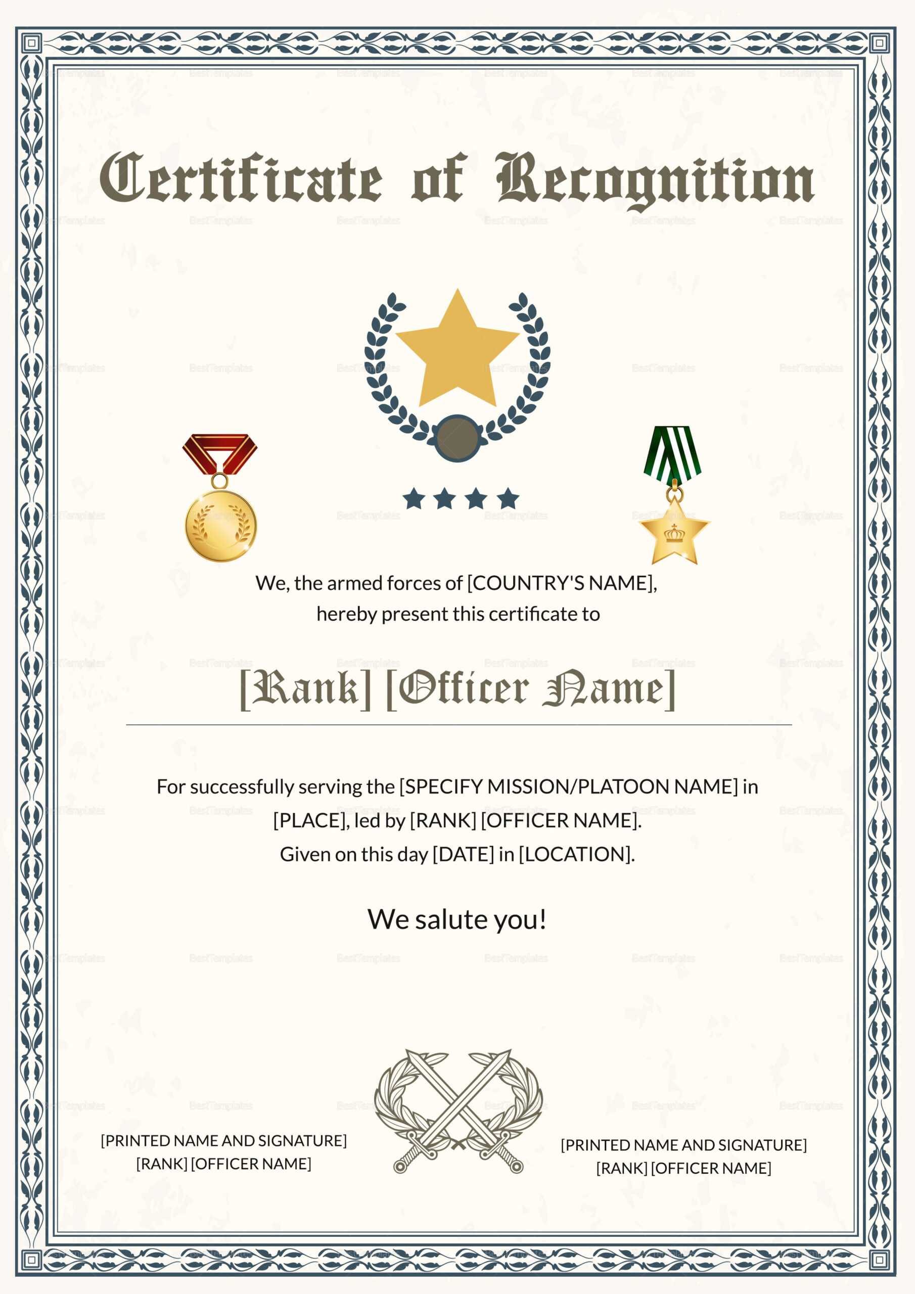 Army Thank You Certificate of Service Design Template in PSD, Word