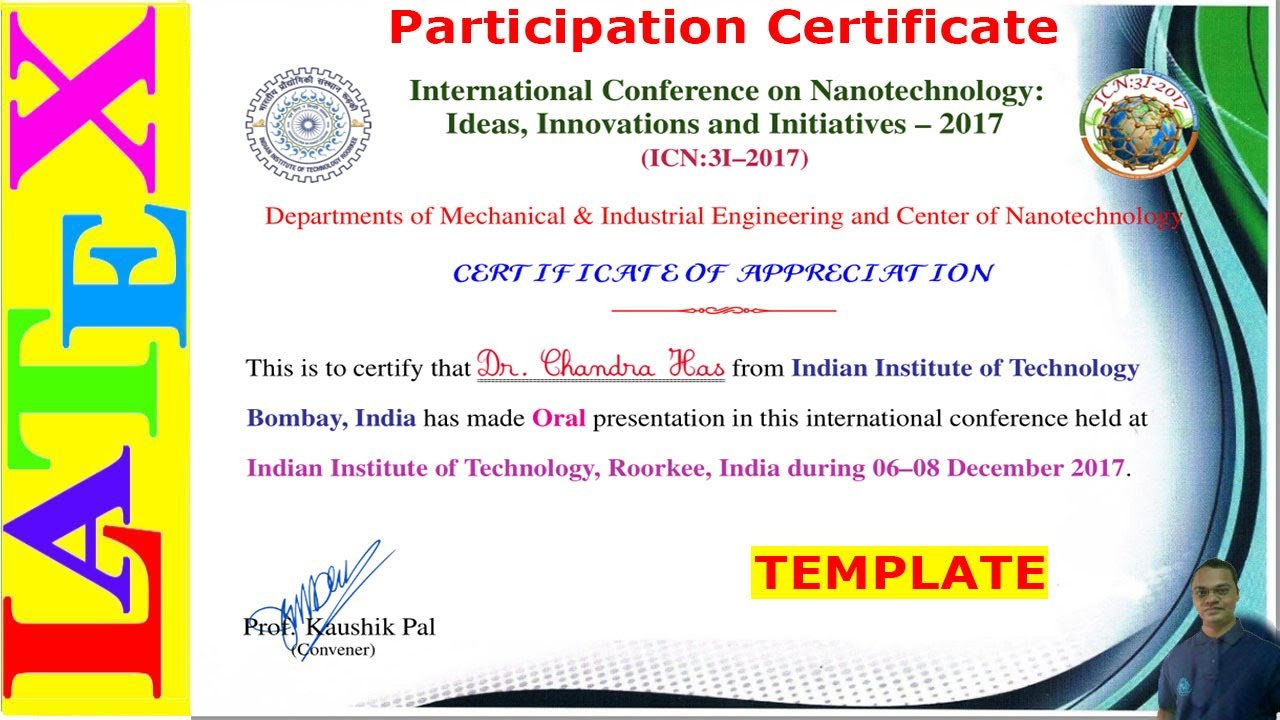 Attractive Participation Certificate Template (LaTeX template - 10) For International Conference Certificate Templates