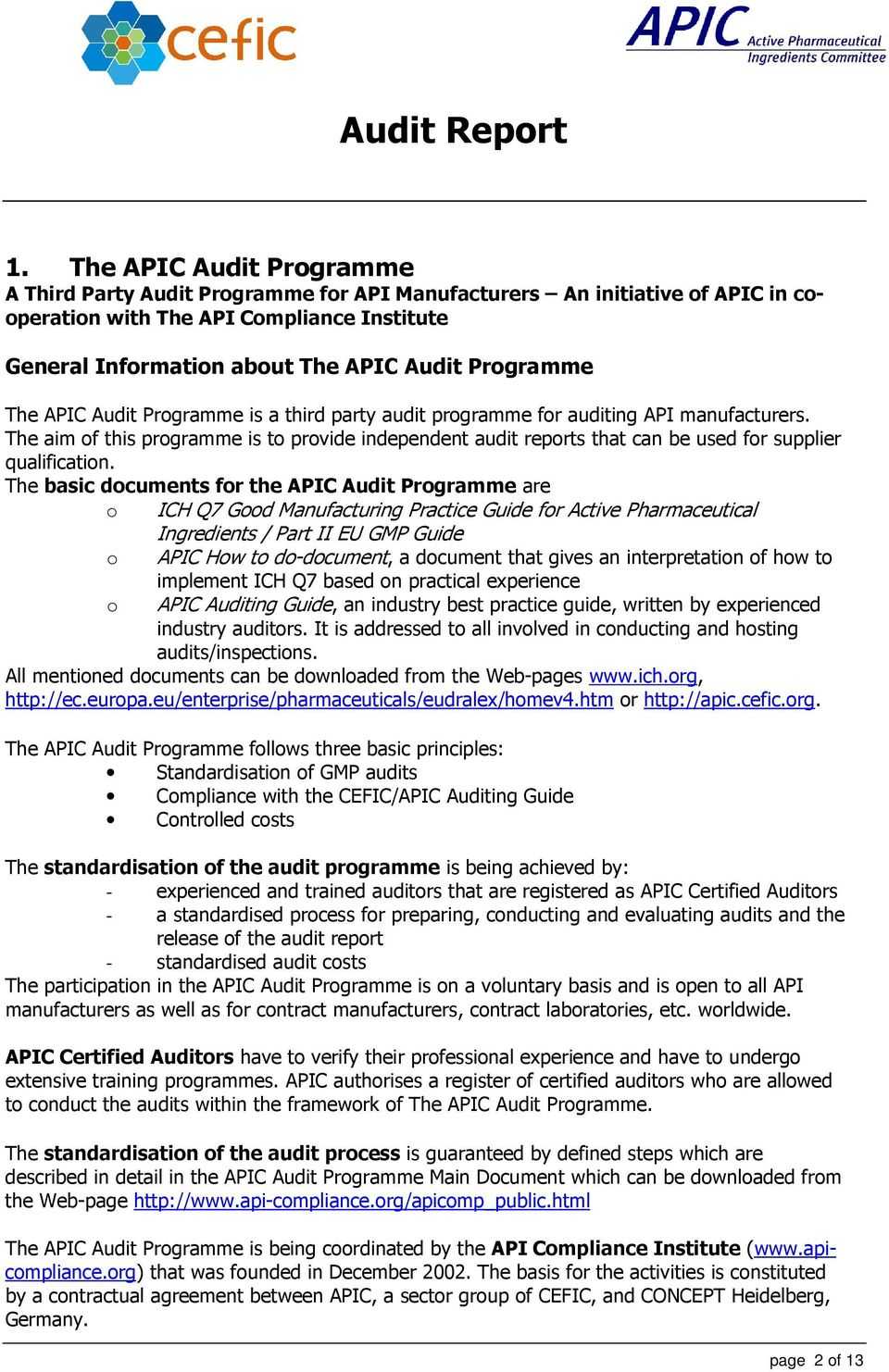 Audit Report in the framework of the APIC Audit Programme - PDF Within Gmp Audit Report Template Audit Report in the framework of the APIC Audit Programme - PDF Within Gmp Audit Report Template