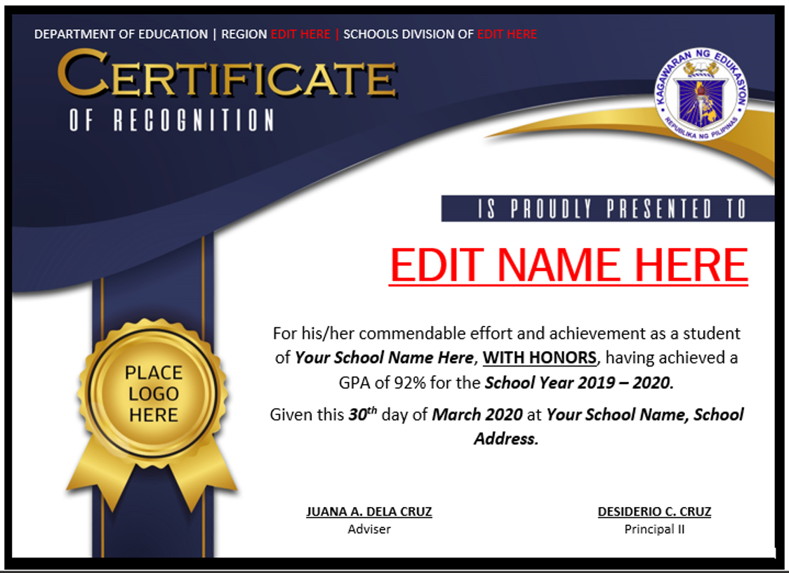 AWARD CERTIFICATE (For Recognition) (MS WORD) - DepEd K-10 Regarding Sample Certificate Of Recognition Template