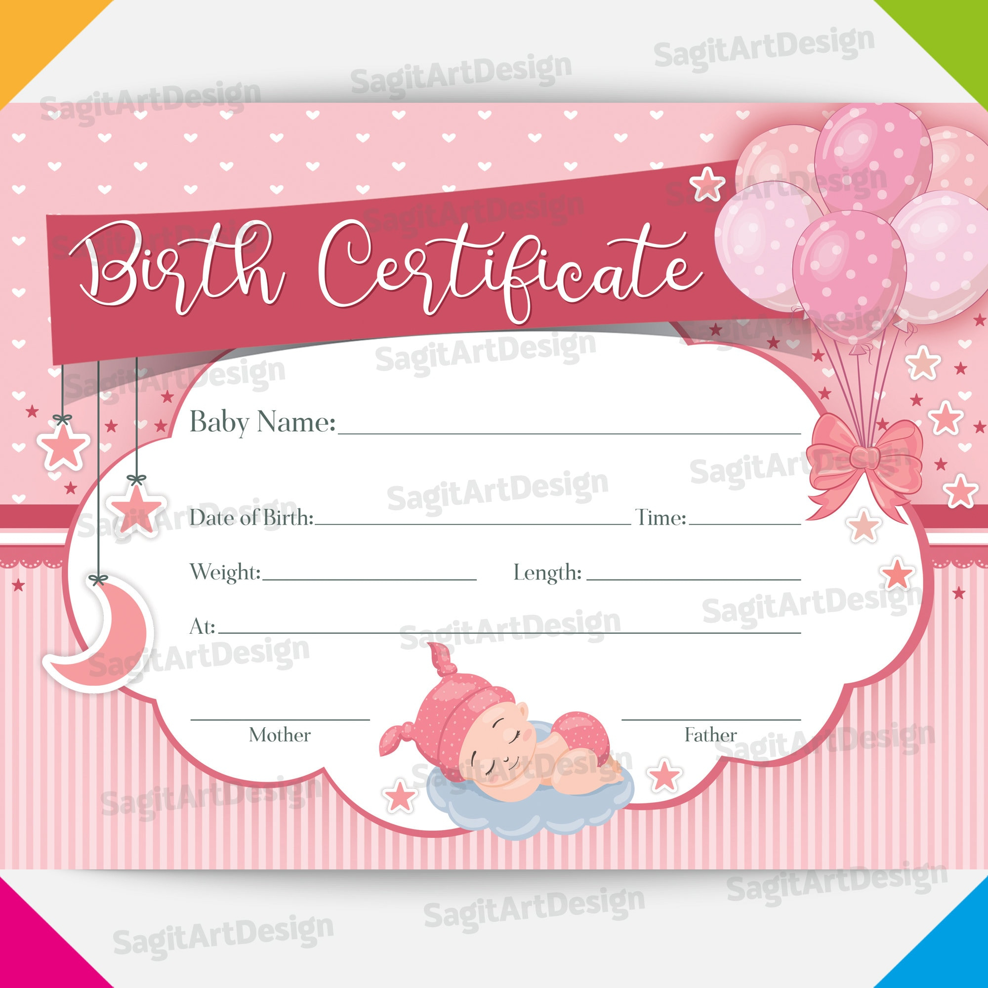 Baby Birth Template, Baby Girl Birth Certificate, INSTANT DOWNLOAD Throughout Girl Birth Certificate Template
