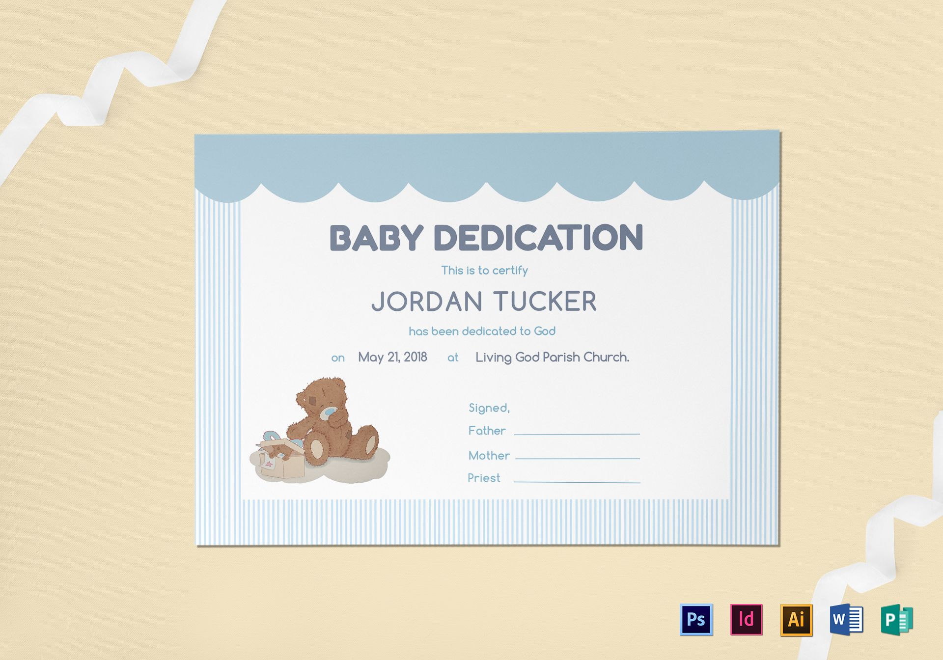Baby Dedication Certificate Design Template in PSD, Word  With Regard To Baby Dedication Certificate Template