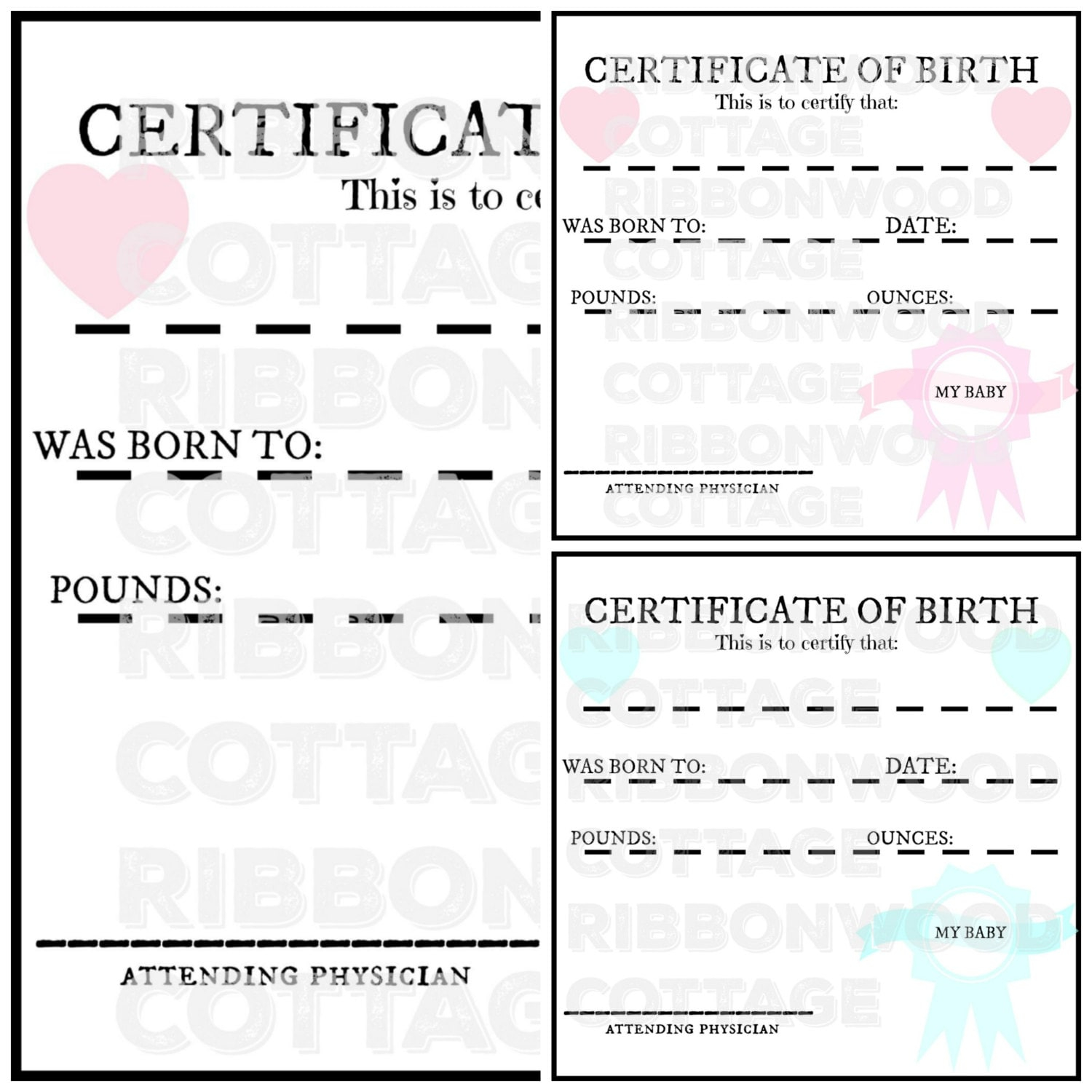 BABY Doll Printable Birth Certificates  Pink And Blue Inside Baby Doll Birth Certificate Template
