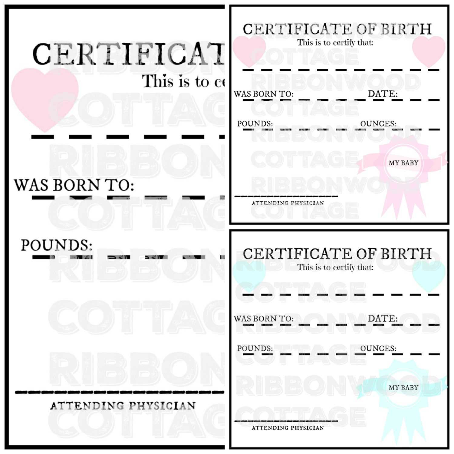 BABY Doll Printable Birth Certificates- Pink and Blue Inside Baby Doll Birth Certificate Template