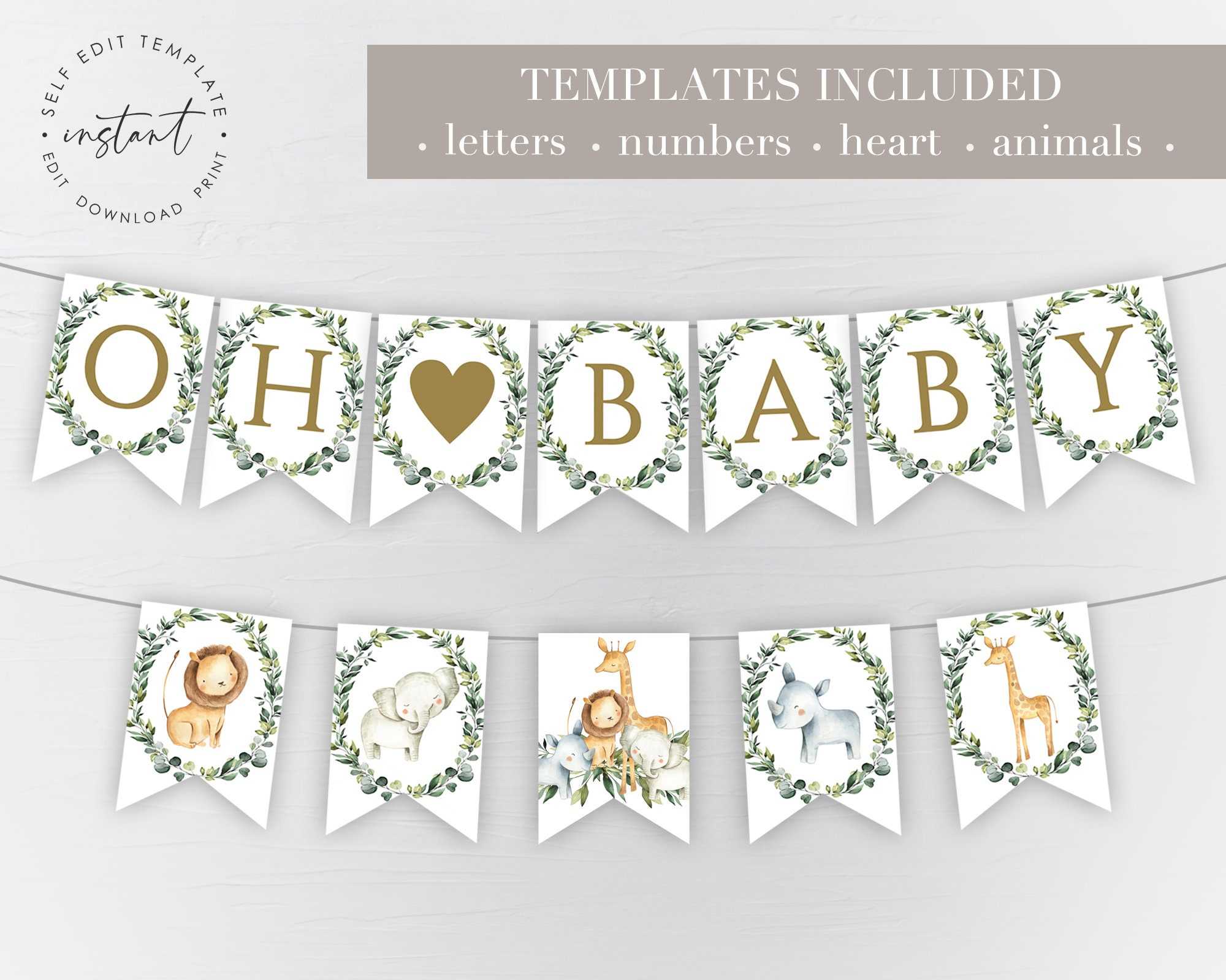 Baby Shower Banner Jungle Safari Template, Printable Banner With  Eucalyptus, Jungle Safari Baby Shower Banner, Greenery Safari Baby Shower Intended For Baby Shower Banner Template