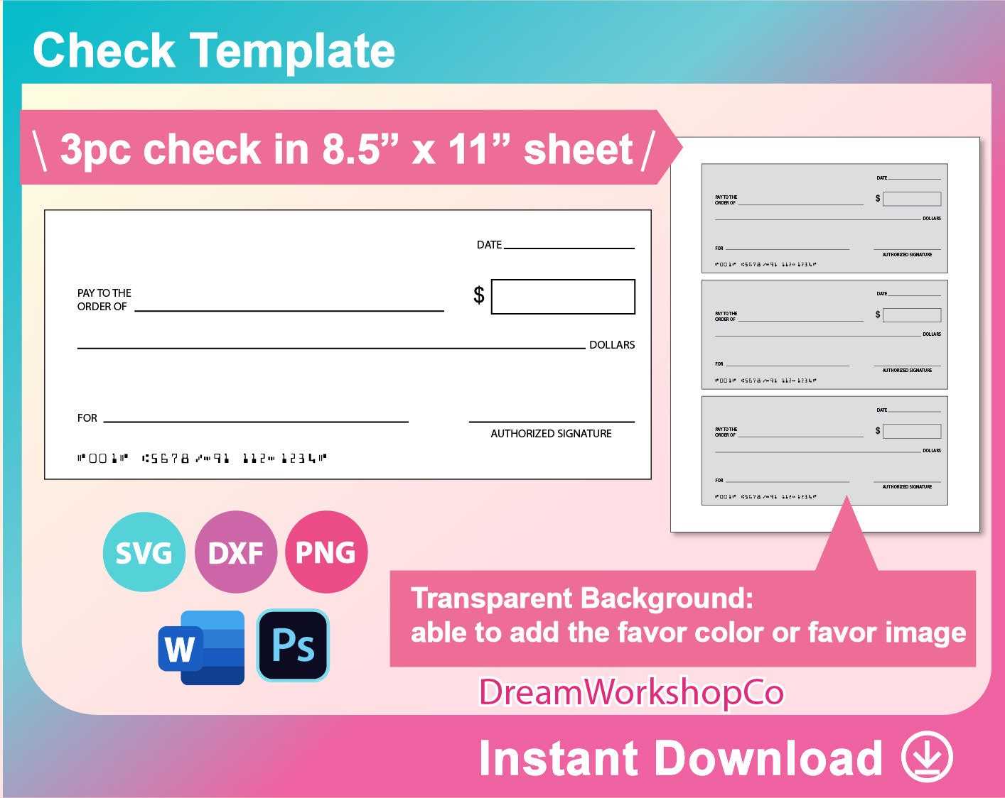 Bank Check Template, Blank Check Template. Ms Word, PSD, PNG, SVG, Dxf,  10