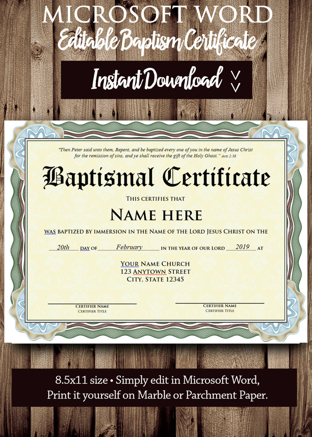 Baptism CERTIFICATE Template - MICROSOFT WORD Editable File - Printable  Certificate Template - Instant Download With Regard To Baptism Certificate Template Word