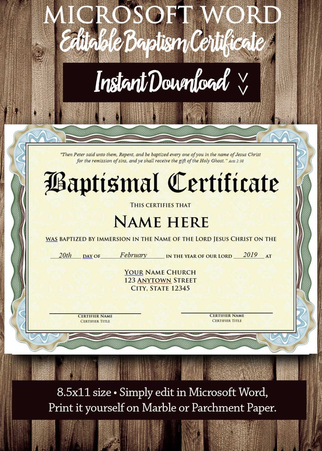 Baptism CERTIFICATE Template – MICROSOFT WORD Editable File – Printable  Certificate Template – Instant Download With Regard To Baptism Certificate Template Word