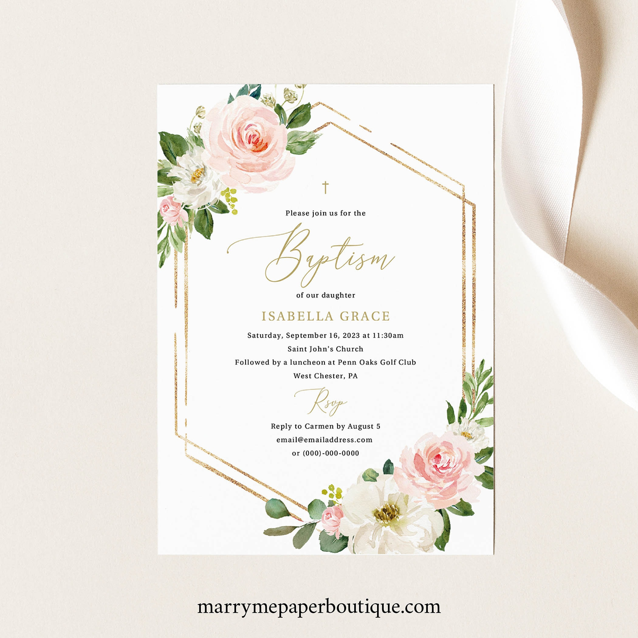 Baptism Invitation Template Pink Floral Hexagonal Try Before – Etsy Pertaining To Blank Christening Invitation Templates
