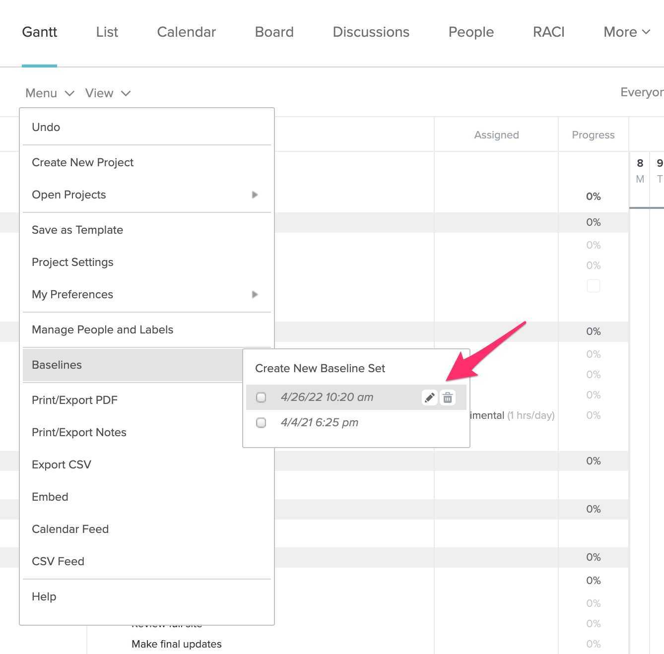 Baselines (Planned vs. Actual Timeline)  TeamGantt Support