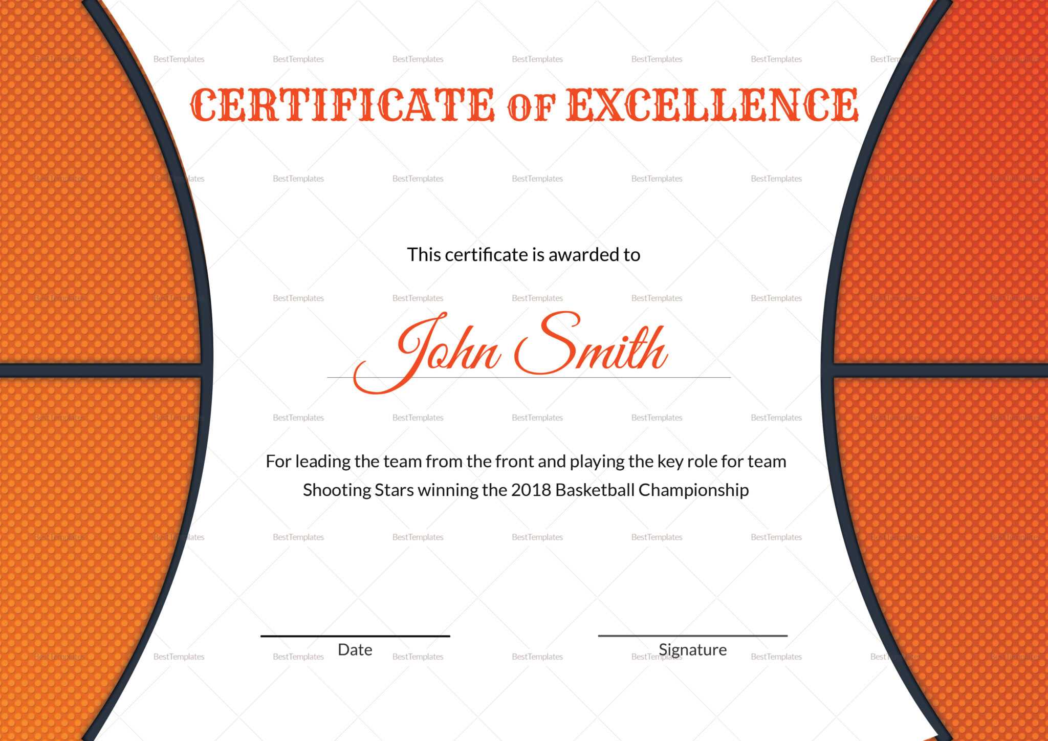 Basketball Excellence Award Certificate Design Template In PSD Word