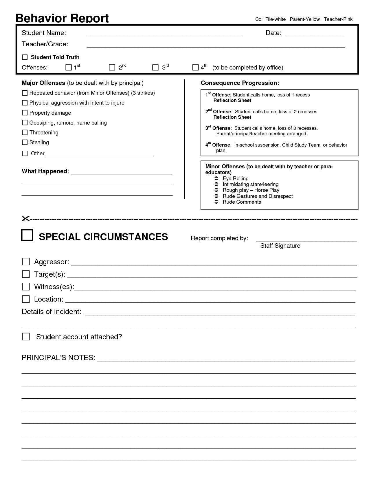 Behavior Report Form For Preschool With Behaviour Report Template