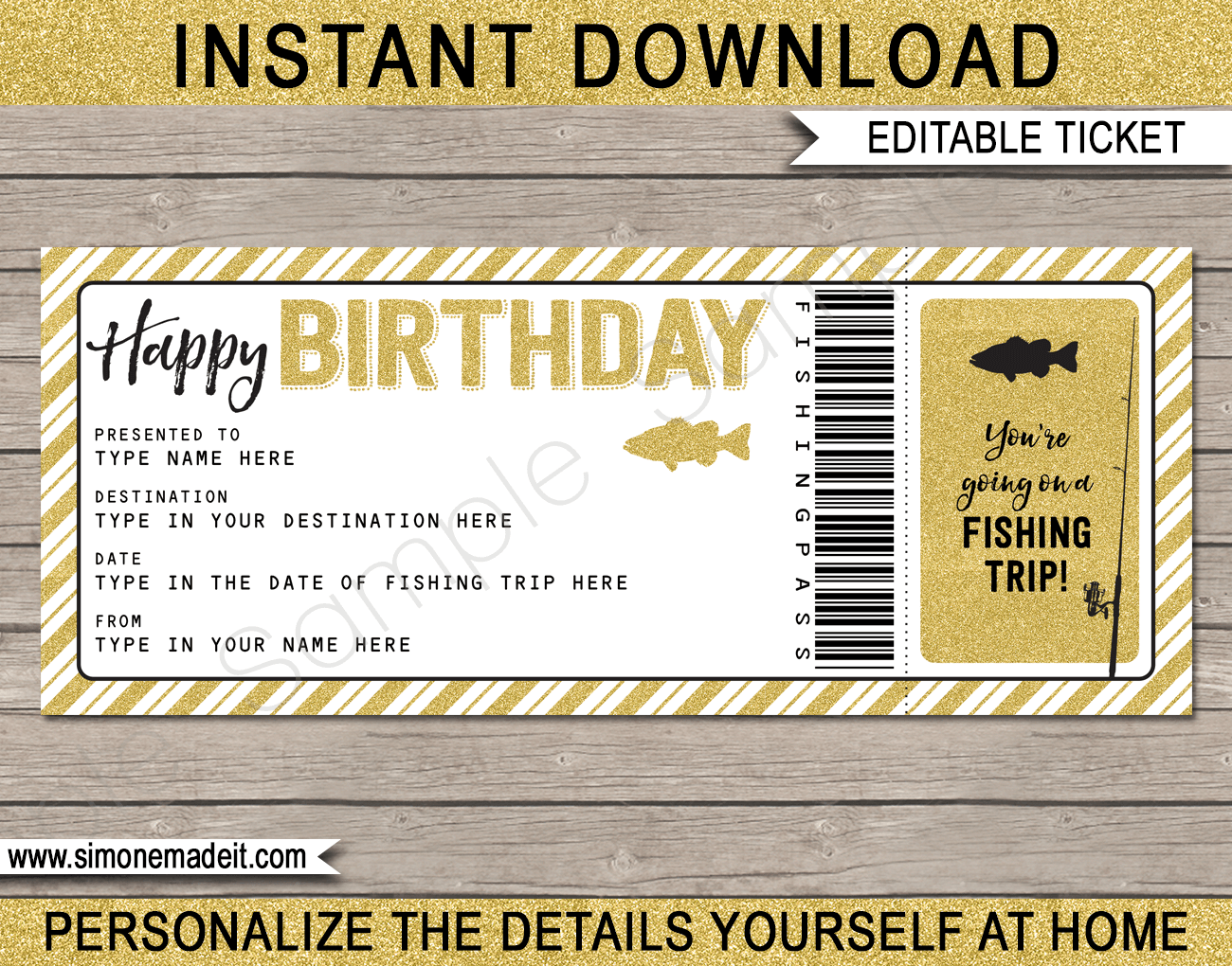 Birthday Fishing Trip Ticket Gift Voucher  Printable Certificate  With Free Travel Gift Certificate Template